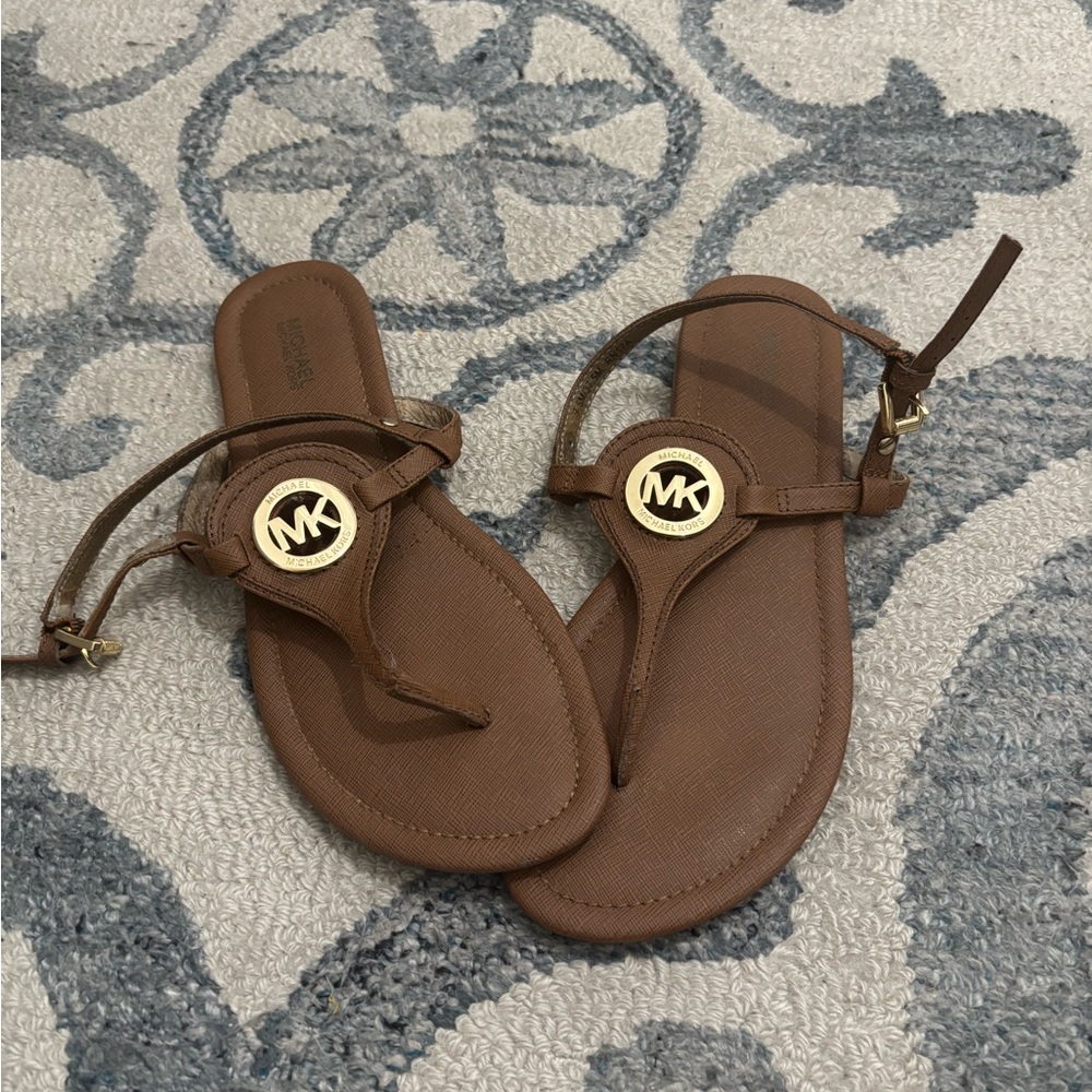 Michael Kors Brown Sandals with Gold Emblem